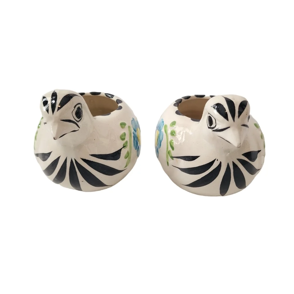 2 Mexican Ceramic Birds Blue Green Floral Print 3D Planters Hand Painted